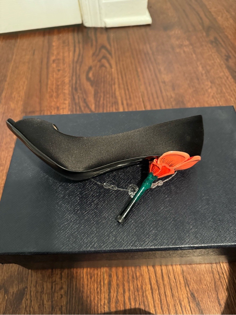 Vintage Prada Linea Rossa Black Satin Peep-Toe Pumps - Hand Painted Tulip Heel - Picture 8 of 11